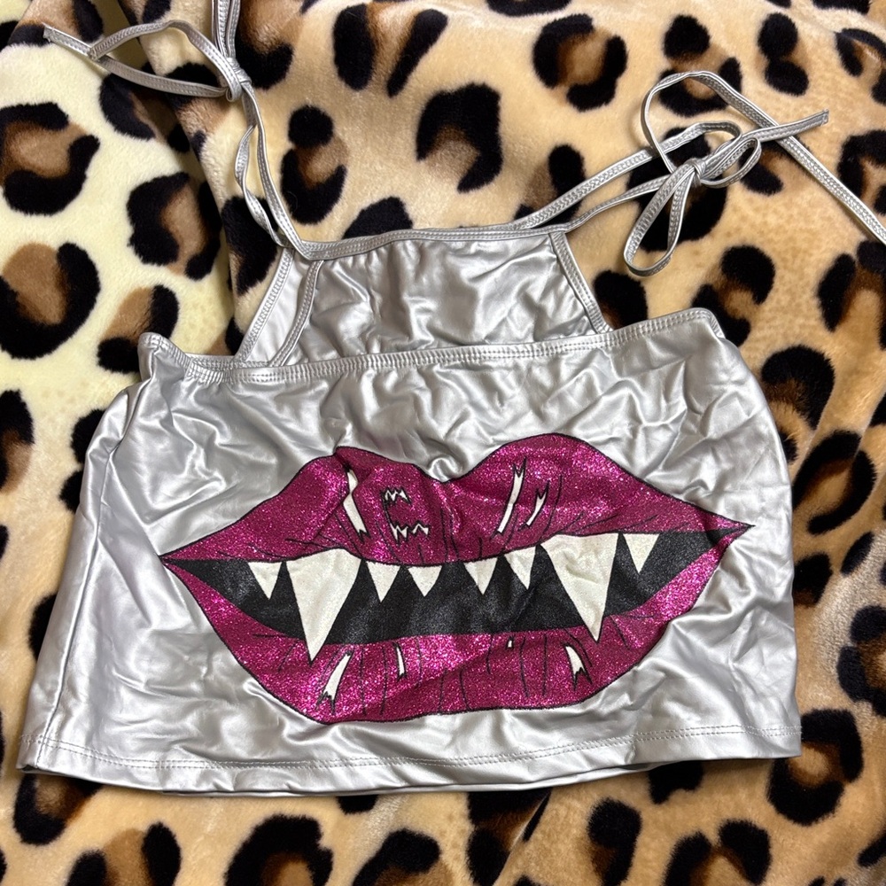 Silver vinyl halter Crop Top with Pink Lips Design. Dolls Kill. NWT size s